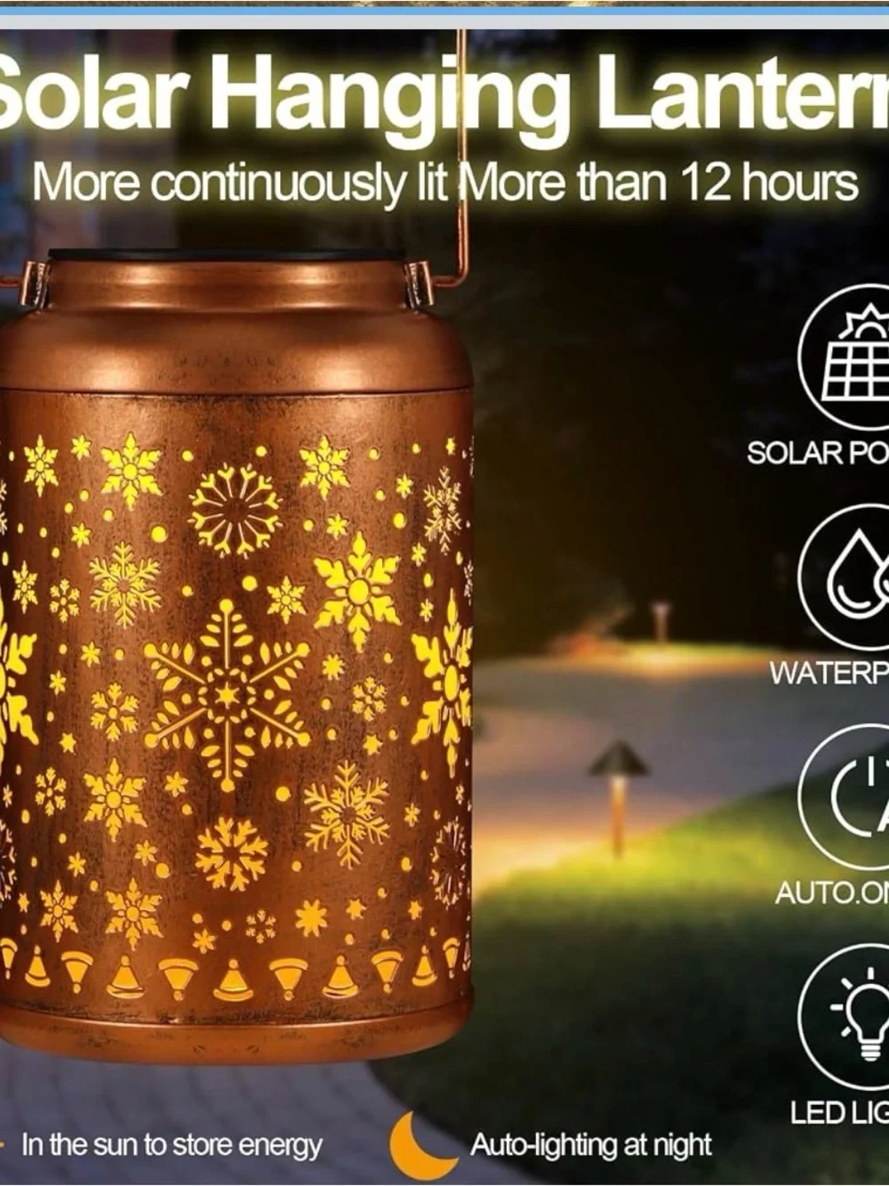 Solar-Powered Metal Lantern with Copper Snowflake Pattern